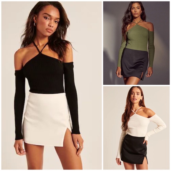 Abercrombie & Fitch Tops - Abercrombie & Fitch, Black Strappy Halter Ribbed Knit Sweater Bodysuit